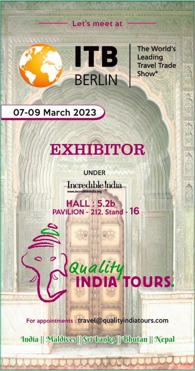 Are you ready for the biggest travel trade show @ITB_Berlin is finally back IN PERSON. 

We look forward to welcoming you in hall 5.2b under @incredibleindia Pavillon (212) at our stand 16 

#planameeting #meetings #itbberlin #Itbberlin2023 #QualityIndiaTours @IndiaTourism_EU