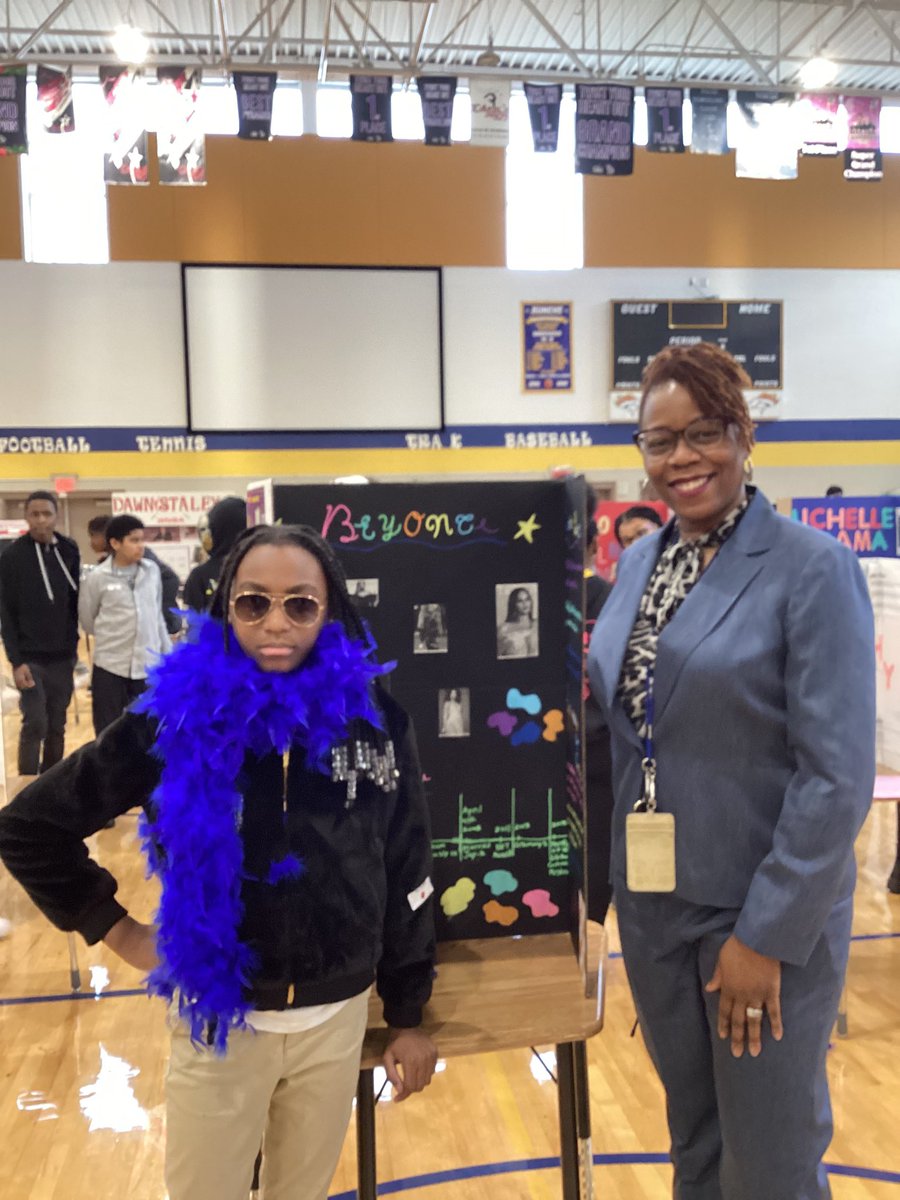 Our AVID Classes did a Black History Wax Museum in the gym today. Kudos to @BuncheAVID_Ferg . Job well done. See pictures below. @bunche_ms See Proud Principal Whitfield with daughter Kendall (Beyoncé) below.