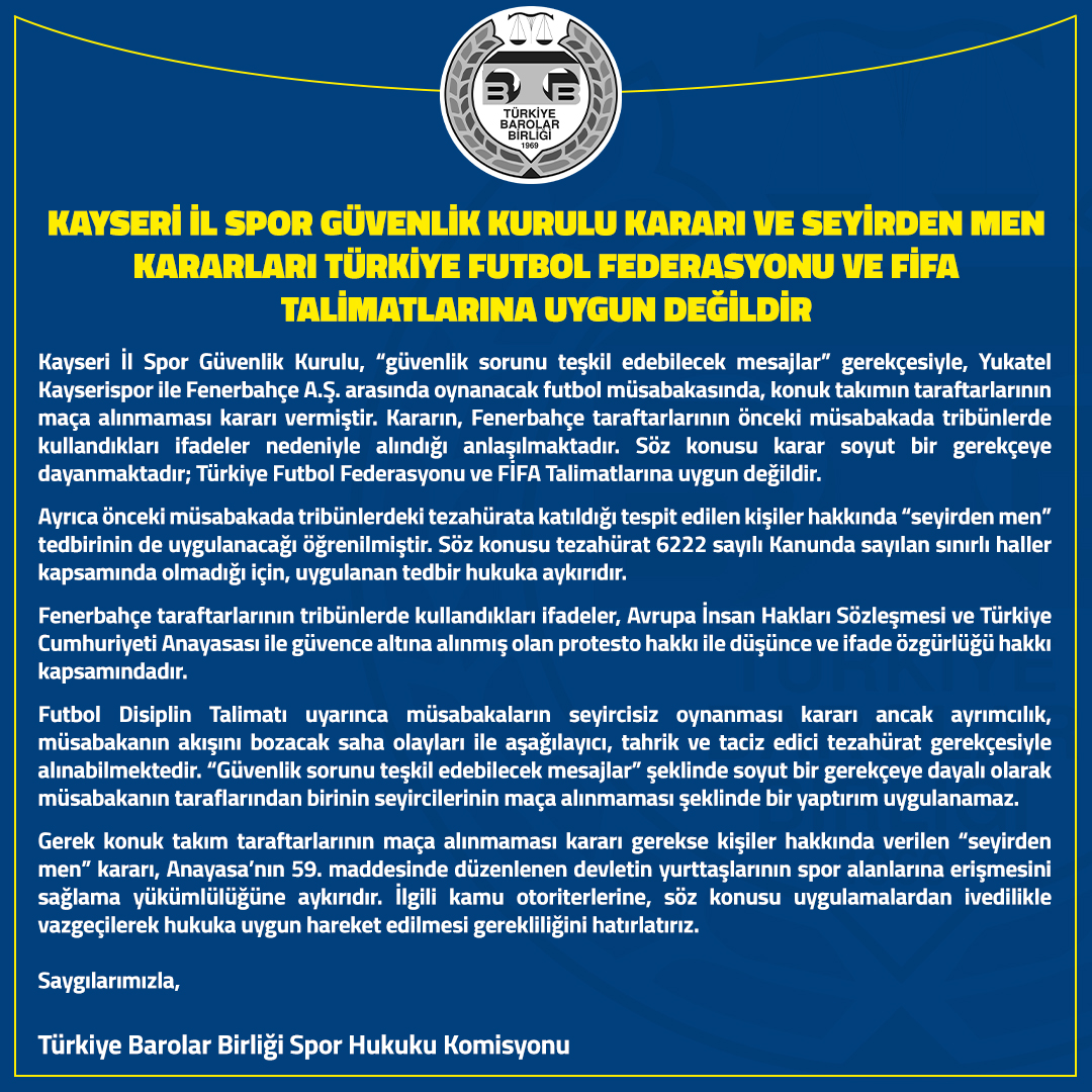 Kayseri İl Spor Güvenlik Kurulu Kararı ve Seyirden Men Kararları Türkiye Futbol Federasyonu ve FİFA Talimatlarına Uygun Değildir

👉 tbb.av.tr/839