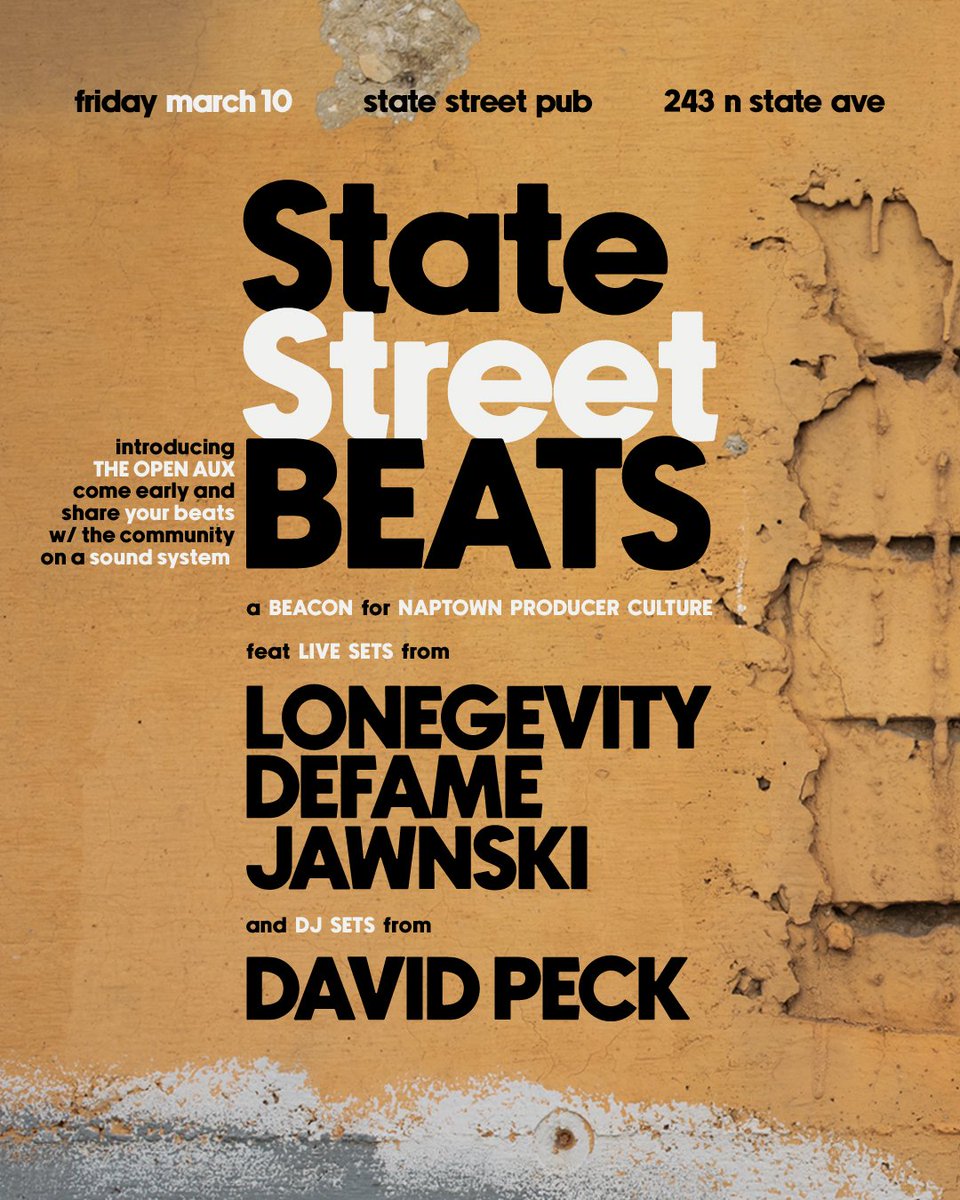 March 10 at 9pm. Beat sets by <a href="/defamebeats/">.d e f a m e.</a>, <a href="/Jawnski317/">JAWNSKI</a> and myself w/ <a href="/dvdpck/">𝐃𝐀𝐕𝐈𝐃 𝐏𝐄𝐂𝐊</a> on the decks.

OPEN AUX FOR YOU TO PLAY YOUR OWN BEATS!

For those that remember <a href="/bdtb/">Bringing Down The Band 🔌</a>/<a href="/DJMetroGnome/">MetroGnome</a>'s Writer's Block or <a href="/beatlofisocial/">BEAT! Lo-fi Social</a>, this event is kinda like that. 

GET INVOLVED!