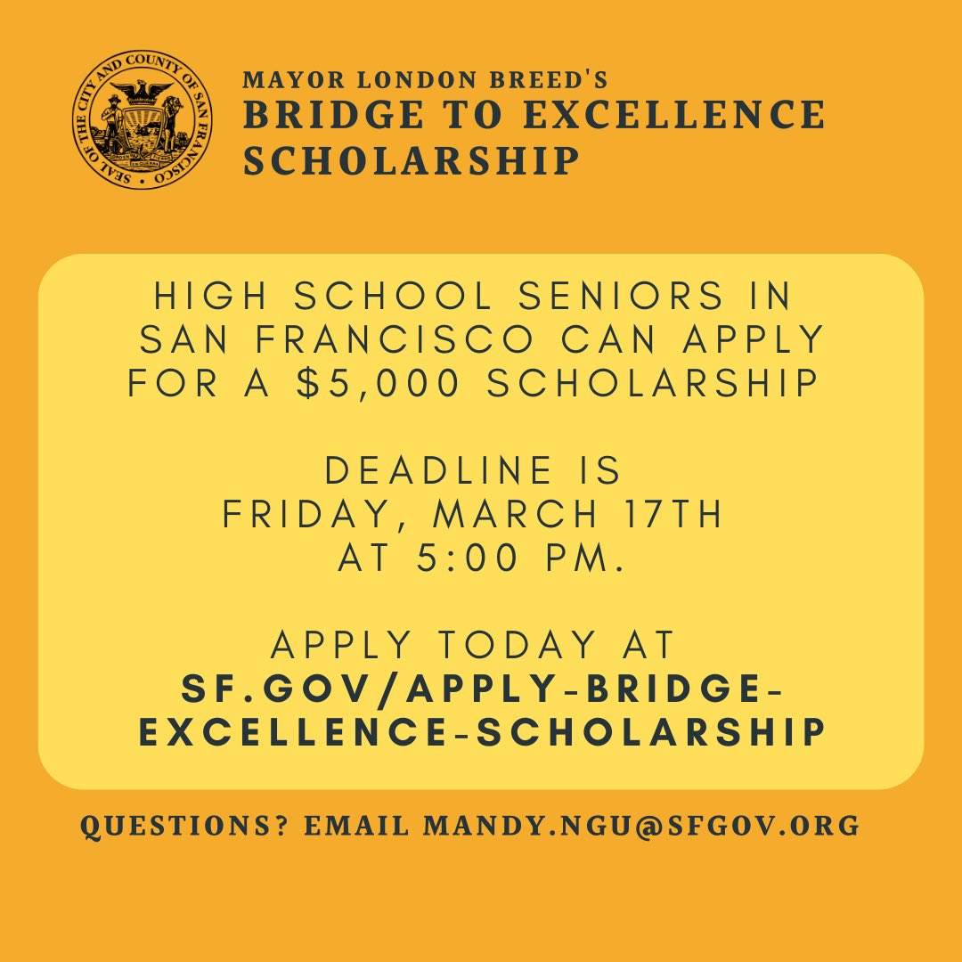 Highlighting 2022 scholarship awardee Ayinde! Mayor Breed’s scholarship provides financial support to students who are the first in their family to go to college. Apply today at sf.gov/appy-bridge-ex…