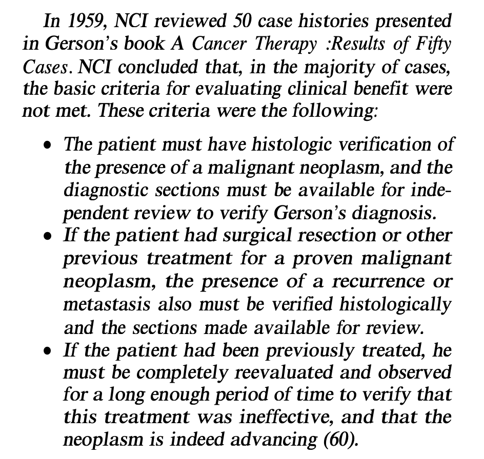 ThomasDPereira's tweet photo. @R0b1999 @jane_mclelland @chrisbeatcancer @MikeMutzel The conditions made by NCI could not be met because patients often had previous treatments before they went to Gerson and imaging was used to detect recurrence/metastasis rather than rebiopsies. Repeat biopsies were not the standard back then.
https://t.co/V0BKDCEqKd https://t.co/06OrbrAALt