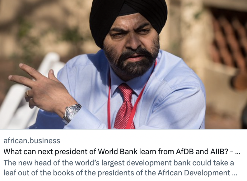 African Development Bank Group (@afdb_group) on Twitter photo What can the likely next president of <a href="/WorldBank/">World Bank</a> learn from <a href="/AfDB_Group/">African Development Bank Group</a> and <a href="/AIIB_Official/">AIIB</a>?
<a href="/DevReimagined/">Development Reimagined™</a> CEO <a href="/hmryder/">Hannah Ryder (芮 婉 洁)</a> offers some suggestions in <a href="/AfricanBizMag/">African Business</a>: bit.ly/3J40S3q What can the likely next president of <a href="/WorldBank/">World Bank</a> learn from <a href="/AfDB_Group/">African Development Bank Group</a> and <a href="/AIIB_Official/">AIIB</a>?
<a href="/DevReimagined/">Development Reimagined™</a> CEO <a href="/hmryder/">Hannah Ryder (芮 婉 洁)</a> offers some suggestions in <a href="/AfricanBizMag/">African Business</a>: bit.ly/3J40S3q