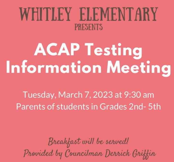 WhitleyElem's tweet photo. ACAP Summative Testing Information Meeting - Parents of Students in Grades 2nd -5th 
Tuesday, March 7 @ 9:30am https://t.co/7q90PfF8QW https://t.co/gKfybOUQQG