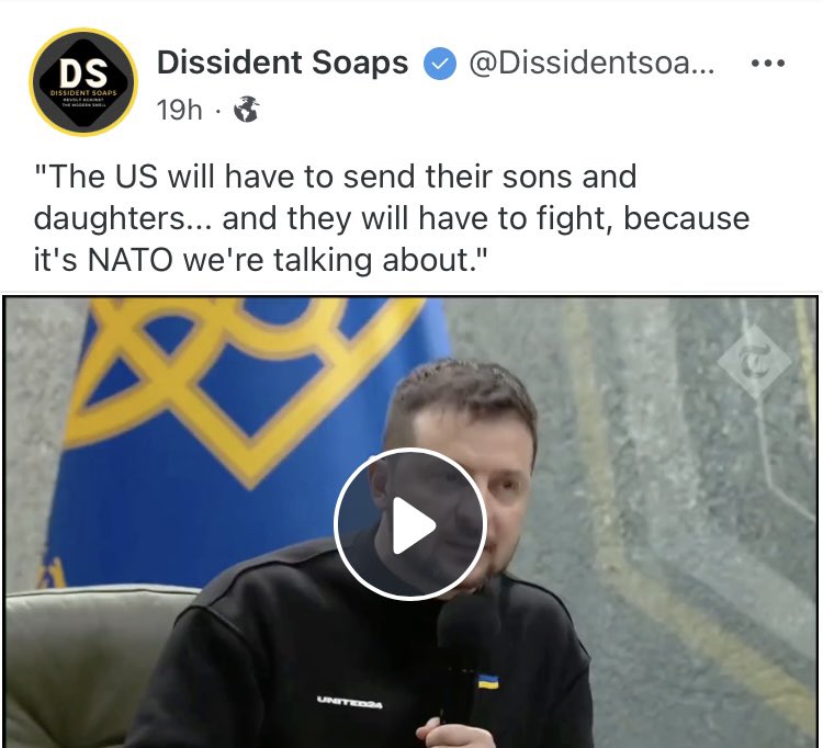 In this way, it’s too bad that we don’t have a military draft anymore: The prospect of shedding their own blood would be the point at which the leftie’s “support for Ukraine” would end. gab.com/Dissidentsoaps…