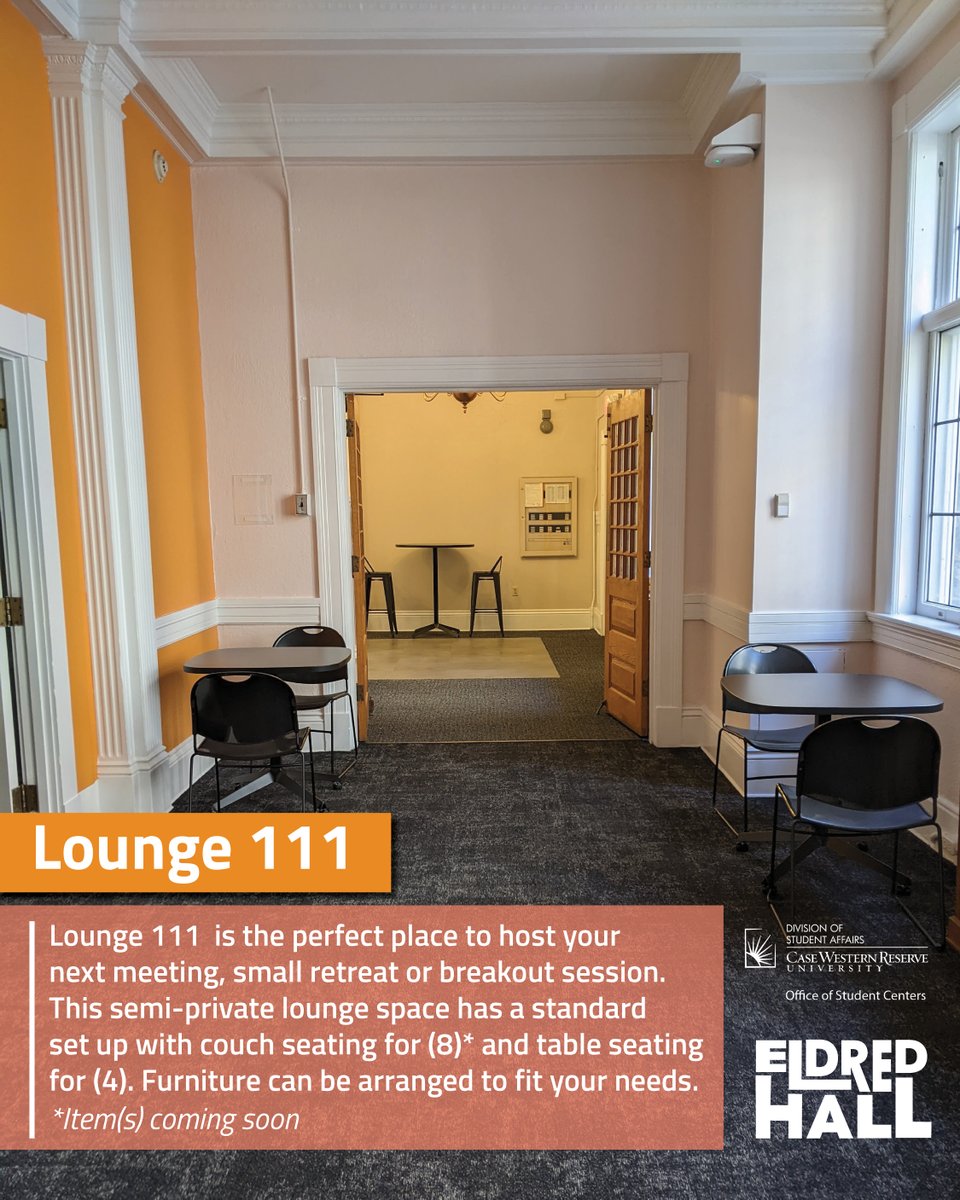 Student_Centers's tweet photo. Eldred Hall is the newest edition to Student Centers and is officially open for reservations! #moretocome #staytuned #eldredhall #cwru #cwrustudentcenters https://t.co/GIf8WfpZfT