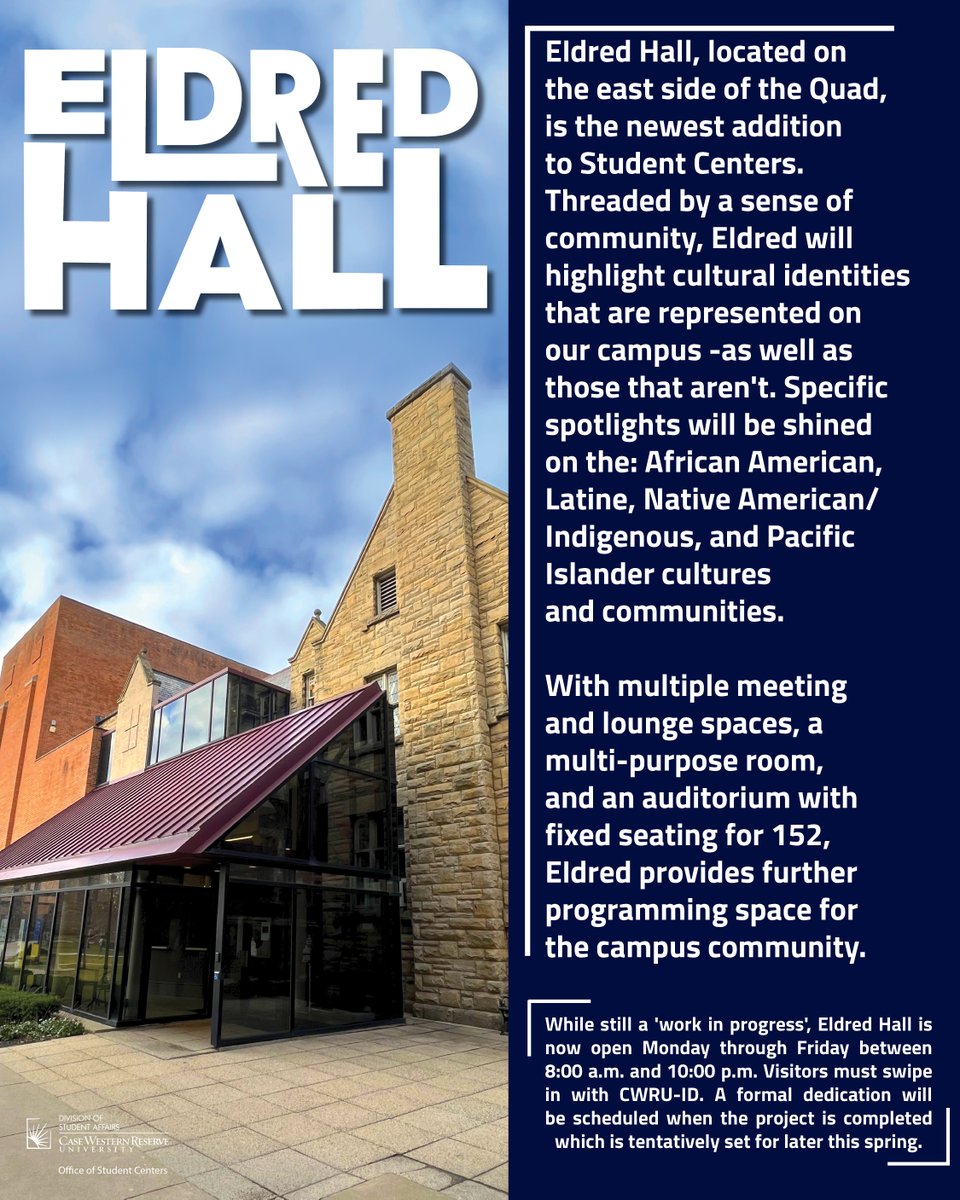 Student_Centers's tweet photo. Eldred Hall is the newest edition to Student Centers and is officially open for reservations! #moretocome #staytuned #eldredhall #cwru #cwrustudentcenters https://t.co/GIf8WfpZfT