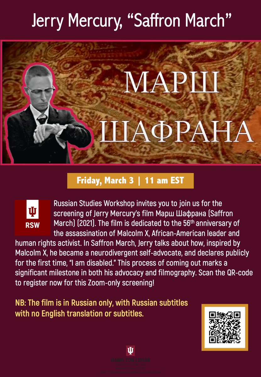 RSW_IU's tweet photo. Join us this Friday at 11:00 am EST for a virtual screening of Jerry Mercury's film "Saffron March" followed by a Q&amp;A with the filmmaker. This film is in Russian only and there is no English translation or subtitles. Please register at the Zoom link here: https://t.co/ExgIji25PA https://t.co/QtbUwAMMBT