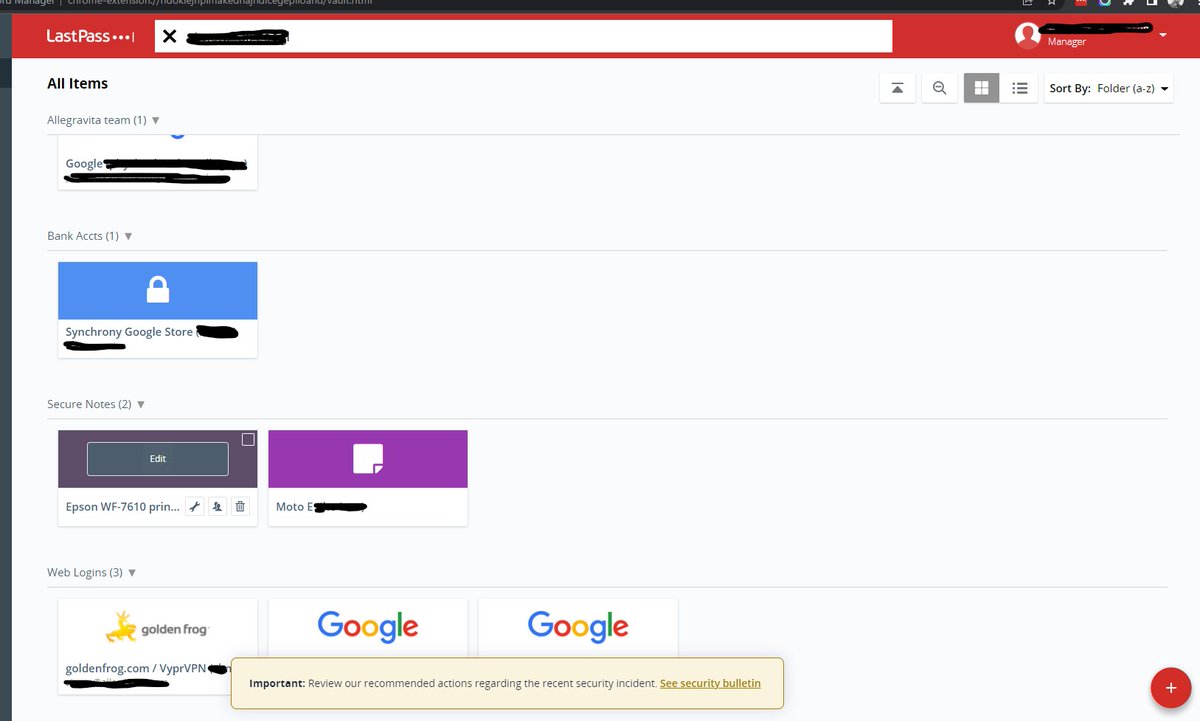 simon_cousins's tweet photo. @LastPassHelp today's security alert overlay is obnoxious -- no close box, so it obscures credentials at the bottom of the scrollbar. https://t.co/8TqkbPAF0u