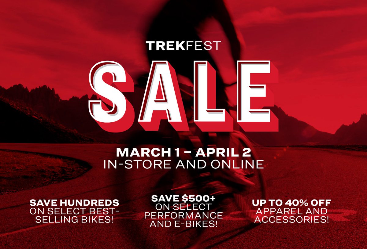 calgarycycle's tweet image. TrekFest is on! Save BIG on select @TrekBikes Bikes, Parts, &amp;amp; Accessories from now until April 2nd!

Visit your nearest CC for details!

#calgarycycle #bikesarefun #trekbikes #trekfest