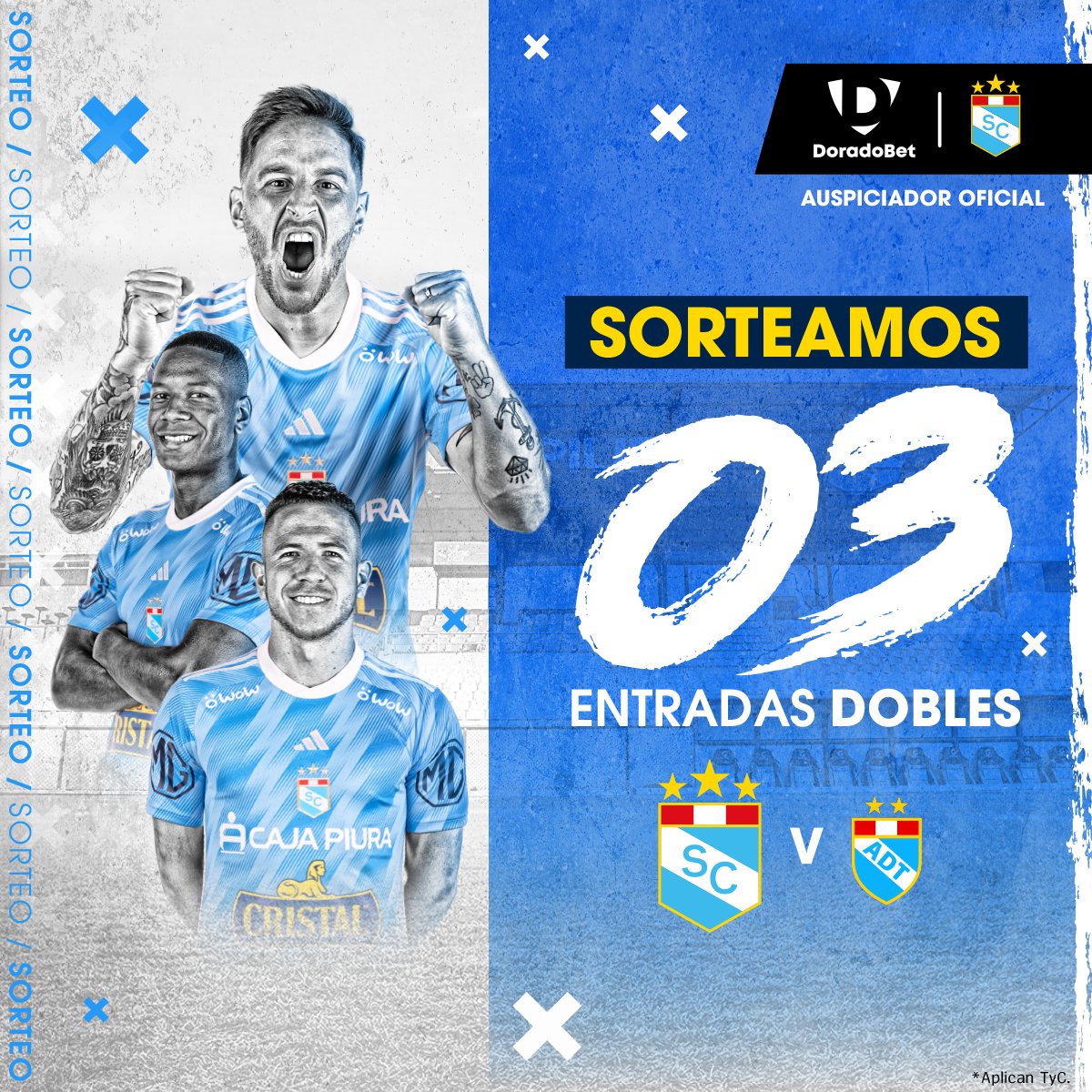 doradobet's tweet photo. ¡𝗦𝗢𝗥𝗧𝗘𝗔𝗠𝗢𝗦 𝟯 𝗘𝗡𝗧𝗥𝗔𝗗𝗔𝗦 𝗗𝗢𝗕𝗟𝗘𝗦!💙🏟

1. Síguenos
2. Haz RT y etiqueta a la persona que te acompañaría.

🔒Cierre del sorteo: jueves 02/03 - 12 pm.

*Aplican TyC

#DoradoBet #FuerzaCristal https://t.co/yEbtS7p45d