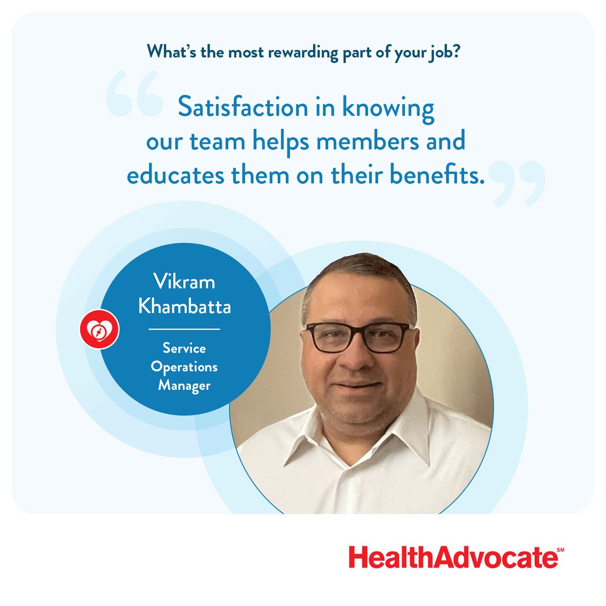 HealthAdvocate's tweet photo. Our Health Advocates are the heart of what we do, and their incredible work inspired us to create a monthly Employee Spotlight! Our people truly are the difference. Meet this month’s featured Health Advocate employee, Vikram Khambatta! https://t.co/p3venUNh9S