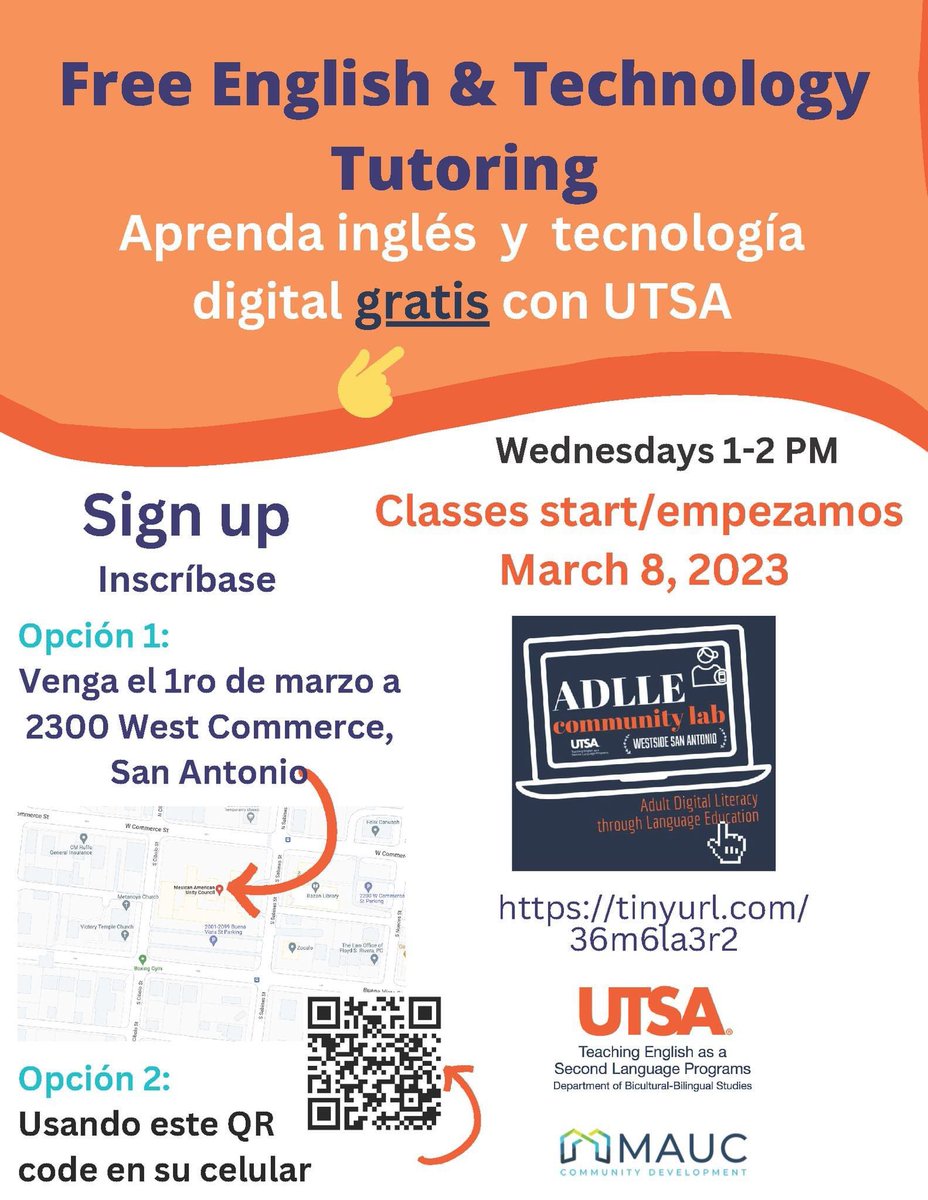 sidury's tweet image. The ADLLE (Adult Digital Literacy through Language Education) Community Lab is opening enrollment for free ESL and technology classes for the Westside in San Antonio (78201, 78228, 78237, 78207, 78227). Help us spread the word 📣 @NormDog1 @BBL_UTSA @UTSA @TPRNews