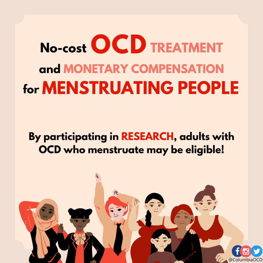 If you are an adult with OCD who menstruates, you may be eligible to participate in one
of our paid research studies! Click the link in our bio to
fill out a brief survey if you are interested in participating!
--
#ocd #ocdawareness #mentalhealth #columbia #nyspi