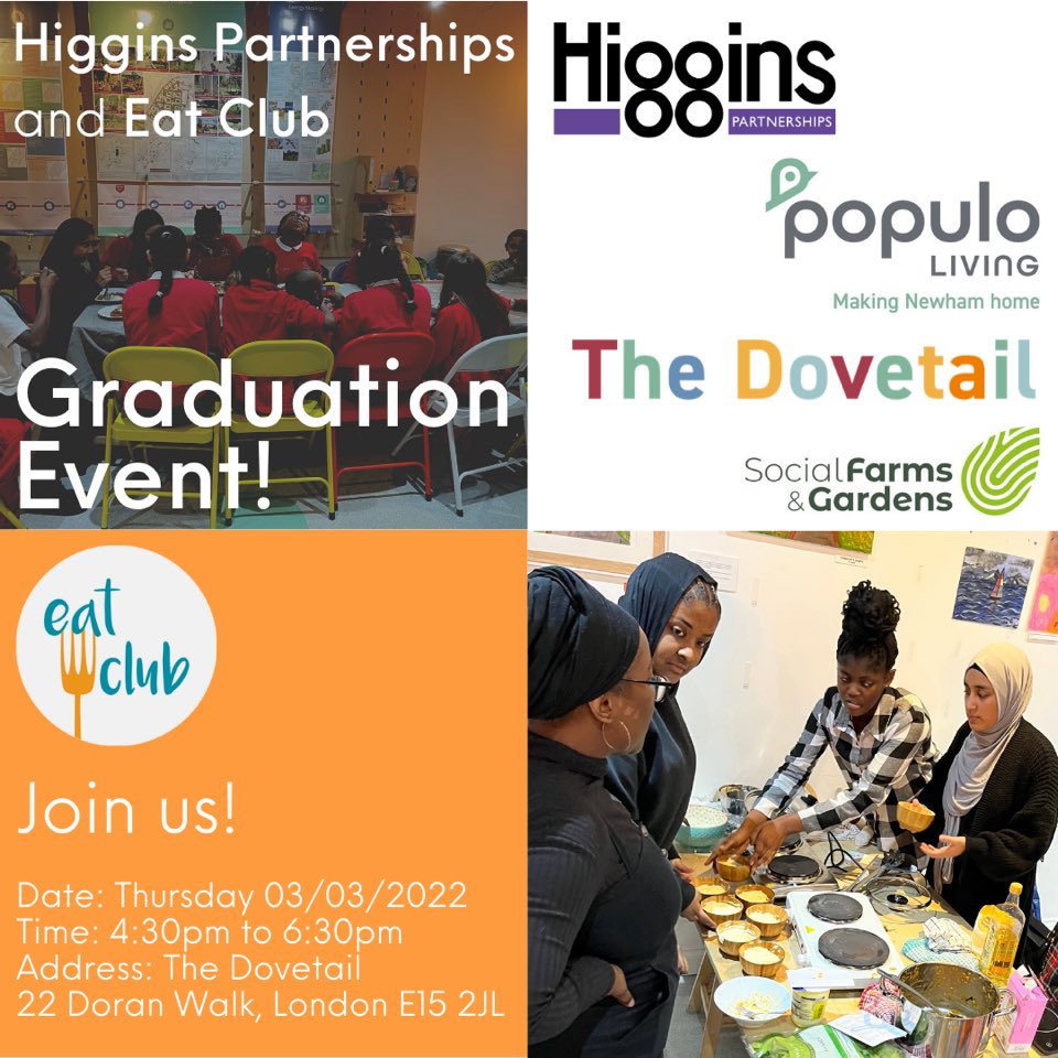 Join us tomorrow for our graduation ceremony to celebrate the end of our 1st course in partnership with ⁦<a href="/HigginsPartner/">Higgins Partnerships</a>⁩ at The Dovetail #Newham with ⁦<a href="/PopuloLiving/">Populo Living</a>⁩ and ⁦@SFarms_Gardens⁩ 

#youngpeople #cooking together 🎉