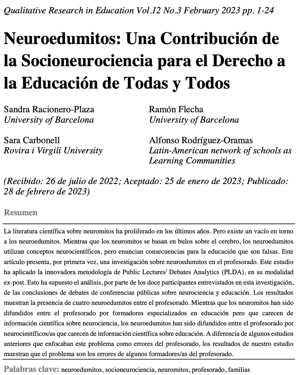 Los errores d algunos formadores/as del profesorado contribuyen a extender #NEUROEDUMITOS afectando al estudiantado

Este artículo publicado hoy en <a href="/QRE_Journal/">QRE Journal</a> (Q2 SJR) clarifica por primera vez ese concepto y presenta ejemplos

Quieres saber cuáles son?
hipatiapress.com/hpjournals/ind…