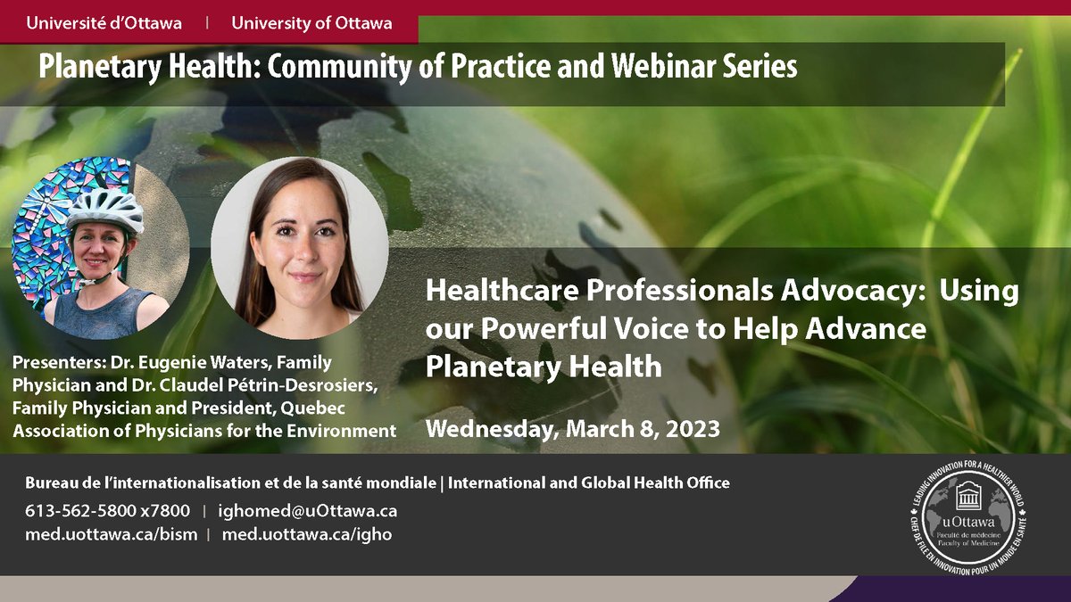 Have you registered to the webinar of the Planetary Health Community of Practice and Webinar Series?

Join Dr. Eugenie Waters &amp; Dr. Claudel Pétrin-Desrosiers on March 8 at 5:30 pm EST 

Register ==&gt; bit.ly/3J4uDkz

#MedEd  #MedTwitter