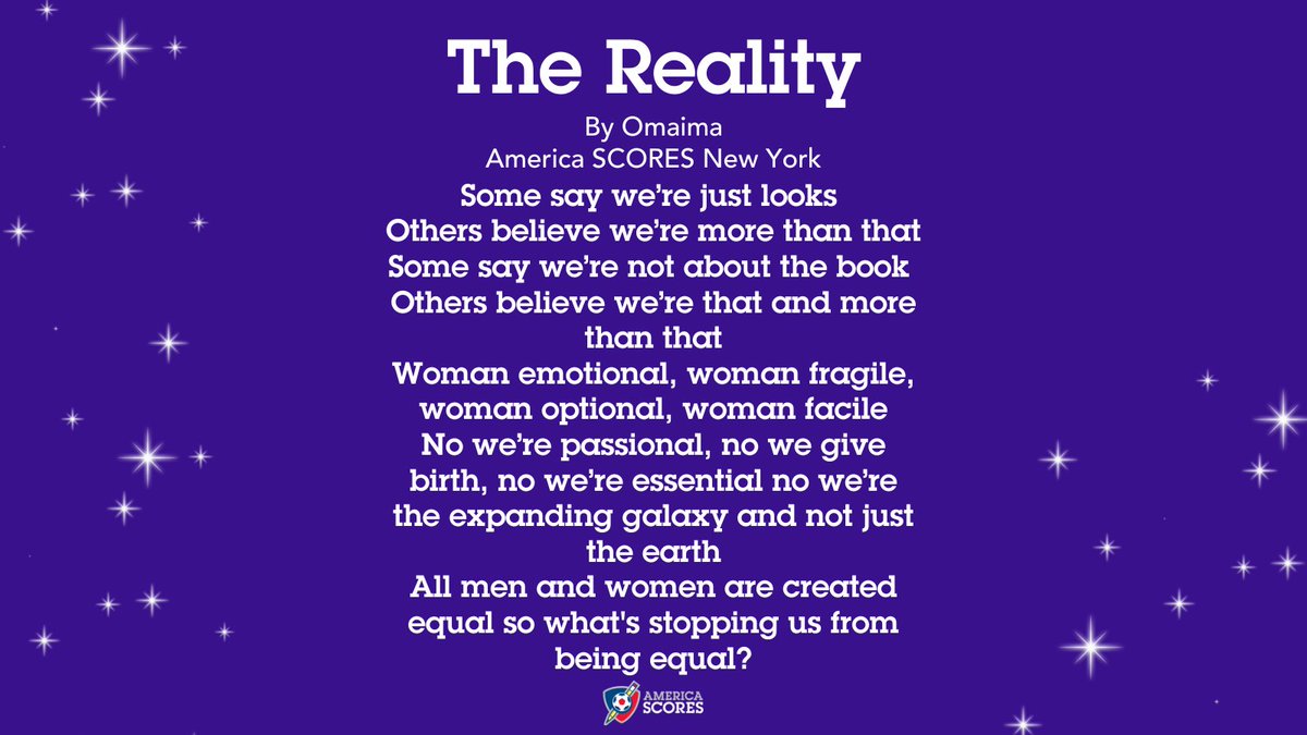 Today marks the first day #womenshistorymonth! 
Read today's poem, titled "The Reality" by Omaima from @americascoresny, about the amazing things women can do.
Stay tuned as we share stories, highlights, poetry and more from amazing women in the America SCORES network all month.