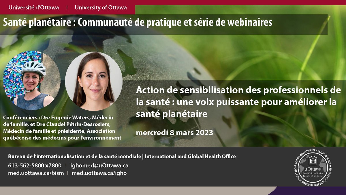 Êtes-vous inscrits au webinaire de la Communauté de pratique et série de webinaires de la Santé planétaire?

Joignez Dre Eugenie Waters &amp; Dre Claudel Pétrin-Desrosiers  le mercredi 8 mars dès 17 h 30 HNE

Inscrivez-vous ==&gt; bit.ly/3Fasjq7

#MedEd  #MedTwitter