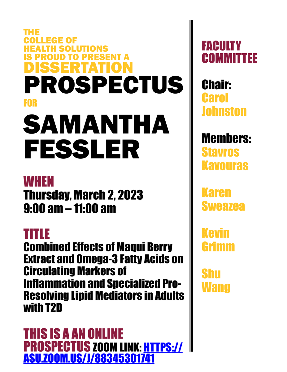 asuhealth's tweet photo. Tune in 9 a.m. Thursday as @asuhealth PhD student Samantha Fessler presents: "Combined Effects of Maqui Berry Extract and Omega-3 Fatty Acids on Circulating Markers of Inflammation and Specialized Pro-Resolving Lipid Mediators in Adults with T2D." https://t.co/GpSqPkpiOi https://t.co/cCBYxnScYV