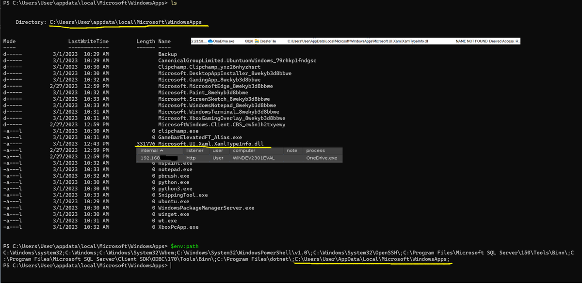 I'm sure i'm late to the party, but MSFT put a user-writable folder in $path (%HOMEPATH%\Appdata\Local\Microsoft\
WindowsApps)??? OneDrive tries to load a non-existant DLL (Microsoft.UI.Xaml.XamlTypeInfo.dll) making for an easy user-level hijack #malware #redteam #cybersecurity