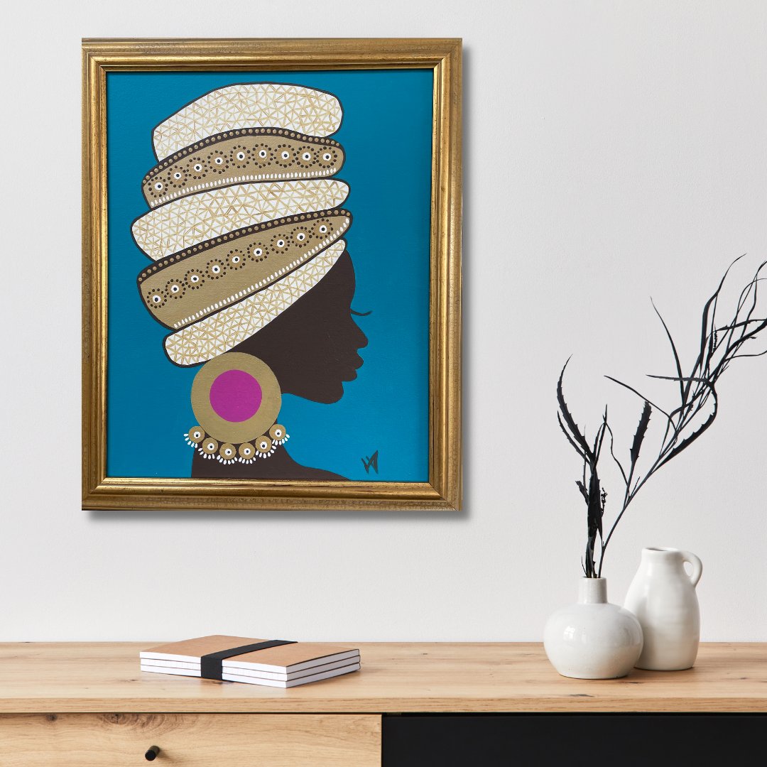 THESPACEgallery's tweet photo. Profile of an African woman on a Gold and blue background. Each women depicts the profile of an African women with a beautiful head pieces to symbolise their crowning glory.

Zaila by Vera Arbinja

Medium: Acrylic
Size: 50cm x 50cm framed https://t.co/P4E0J3gWlm