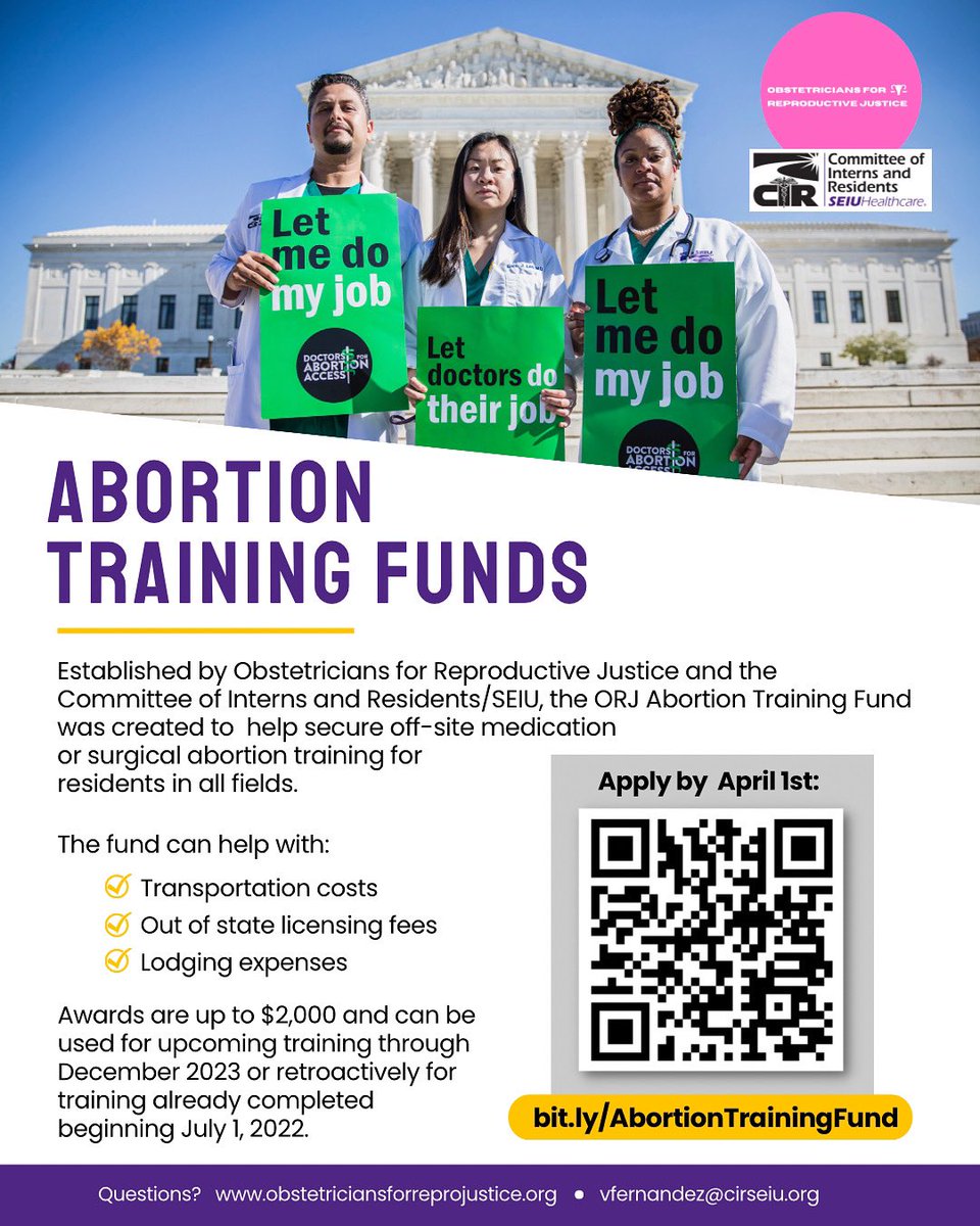 Today, CIR/SEIU and @OBs4RJ are launching the ORJ Abortion Training Fund! Available to residents in all fields to help secure abortion training in other states. Spread the word about this fund and send this to any resident that may be interested! ⬇️ Bit.ly/AbortionTraini…