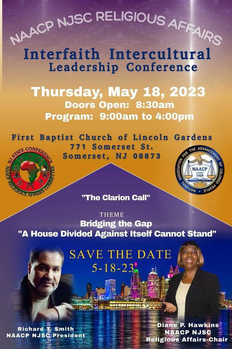naacpnjsc's tweet photo. Mark your calendars! On Thursday, May 18, 2023 we will be holding the Interfaith Intercultural Leadership Conference.
 More information coming soon! 
#ThisisPower https://t.co/I3ZFkLKUgm