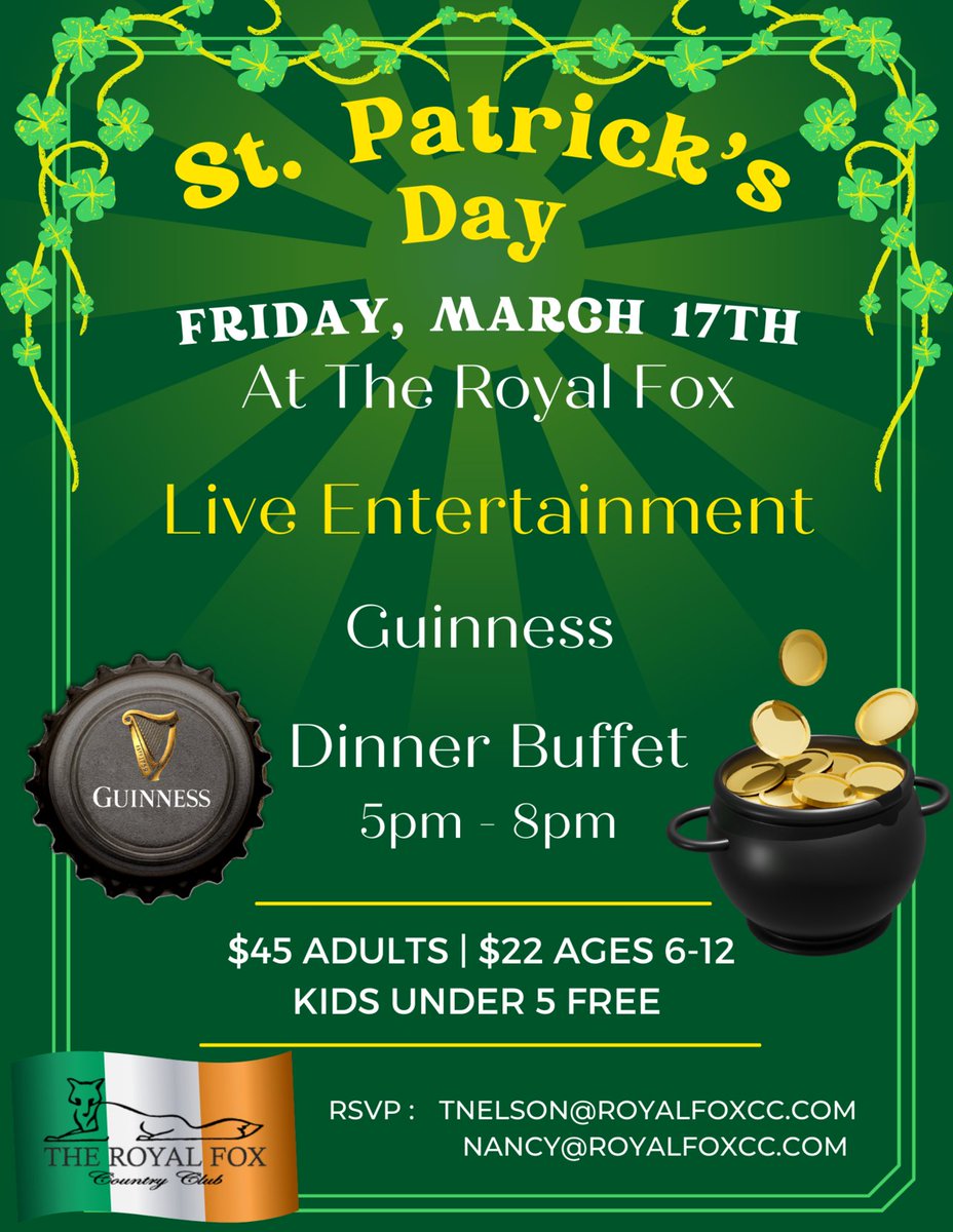TheRoyalFoxCC's tweet photo. Join us for a St. Patrick's Day Celebration on Friday, March 17th! https://t.co/QtpigEeA1Z