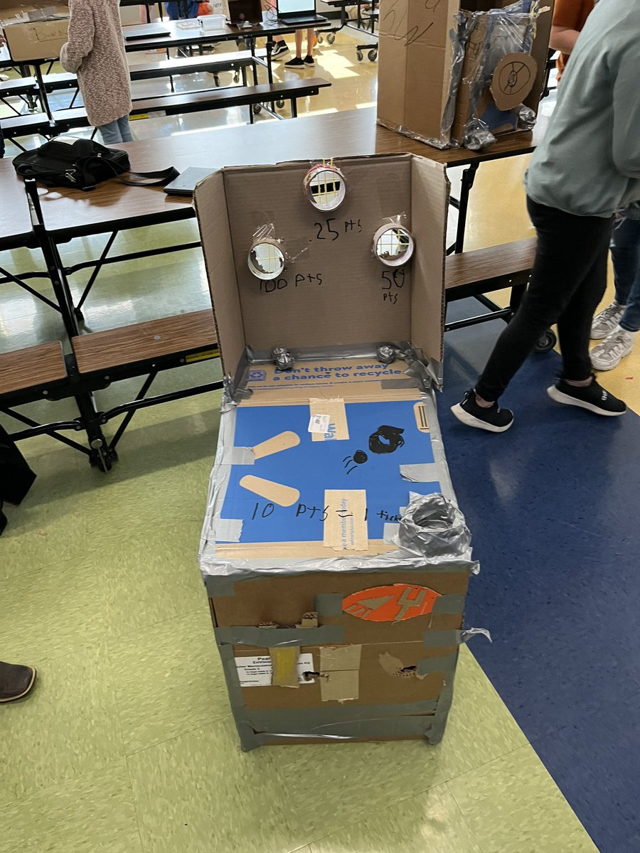 TalawandaSTEM's tweet photo. Wooseball- you throw the balls toward the rings.  You get tickets (there’s a kid in the box) #STEM #Talawanda https://t.co/1RDzzWUgjP
