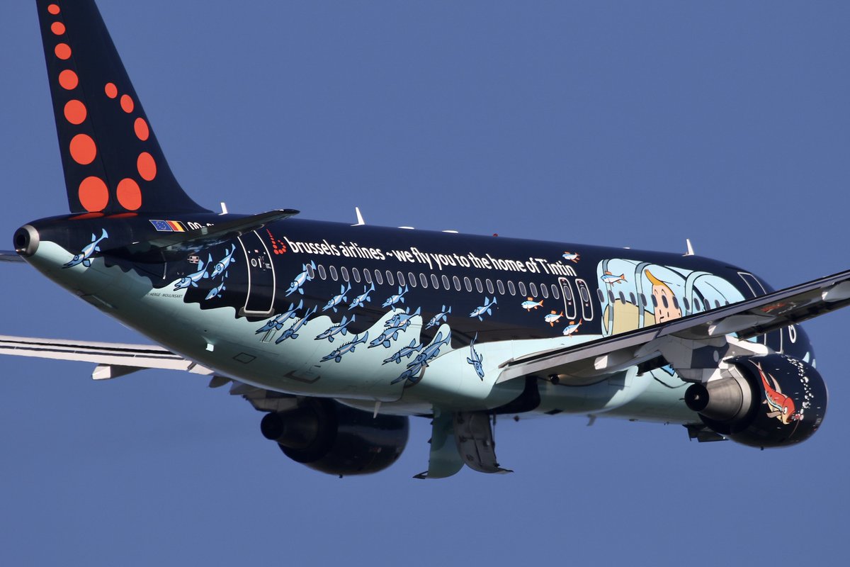 ivanconinx's tweet photo. Still one of my favourite @FlyingBrussels Belgian Icons is Airbus A320-214 OO-SNB which is depicted here during takeoff from RWY 07R at @FlyingBrussels this morning, bound for Nice as flight SN3617 BRU-NCE 🇧🇪🛫🛬🇫🇷 #brusselsairlines #brusselsairport #avgeek #snrackham #tintin https://t.co/EFyI43sIbl