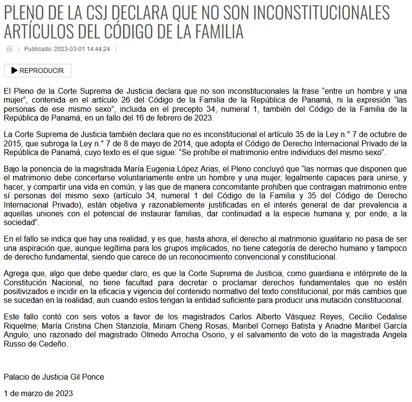 TReporta's tweet photo. El Pleno de la Corte Suprema de Justicia declaró que no son inconstitucionales la frases "entre un hombre y una mujer”, “las personas de ese mismo sexo”, y "se prohíbe el matrimonio entre individuos del mismo sexo" contenidas en normas sobre el matrimonio en Panamá.
#TReporta https://t.co/YVLb57Aal9