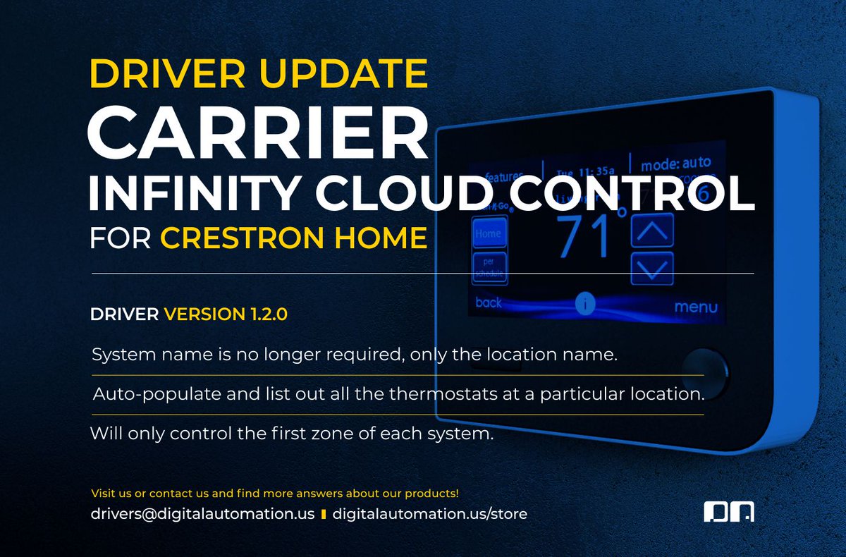 DAutomation's tweet image. @carrier Infinity driver update for @Crestron Home! System name no longer required, thermostats will be listed out at a particular location. it will control only the first zone of each system.

digitalautomation.us/product/carrie…

#Crestron #carrierac #crestroncontrol #CrestronProgramming