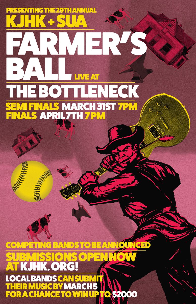 We're very excited to welcome back the <a href="/kjhk/">KJHK 90.7 FM</a> Farmer's Ball this spring!

Semi-finals will be held on 3/31 and Finals will be held on 4/7!

Cover will be $3 for students and $5 for the general public. Lineup is TBD.

Doors will open at 6PM for Ages 18+