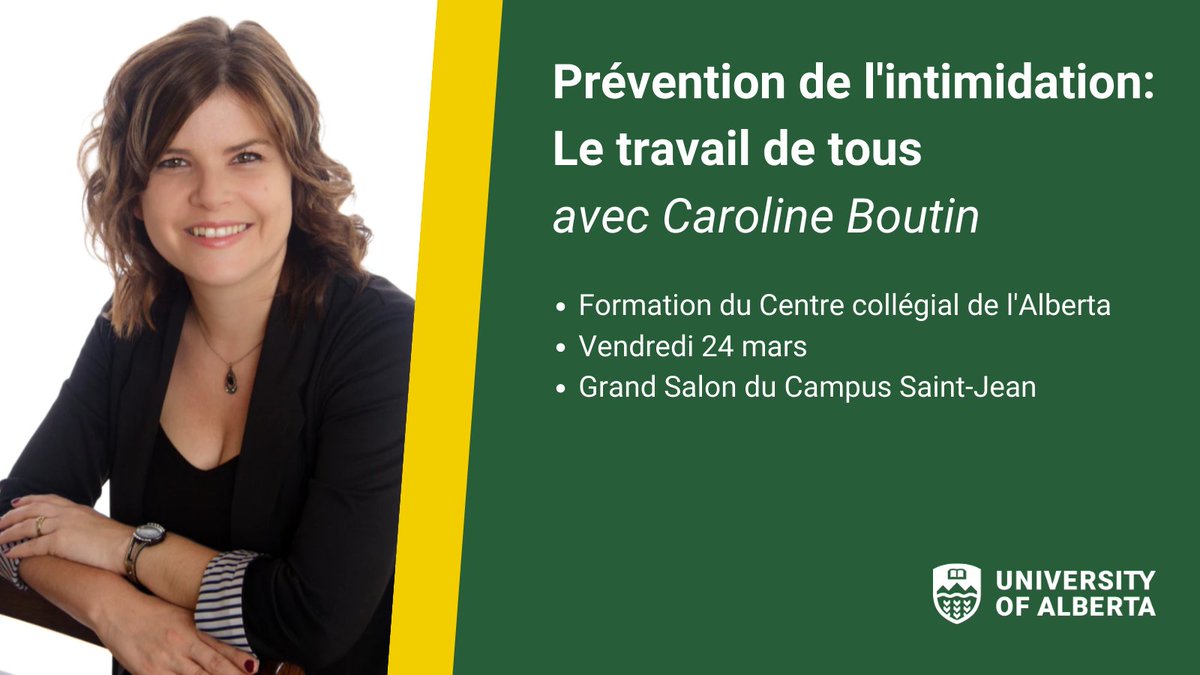 Participez à notre formation sur la prévention de l'intimidation avec Caroline Boutin, le vendredi 24 mars, 8h30-15h30 au Grand Salon.

Plus d'infos: marketplace.ualberta.ca/products/forma…

#frab #intimidation