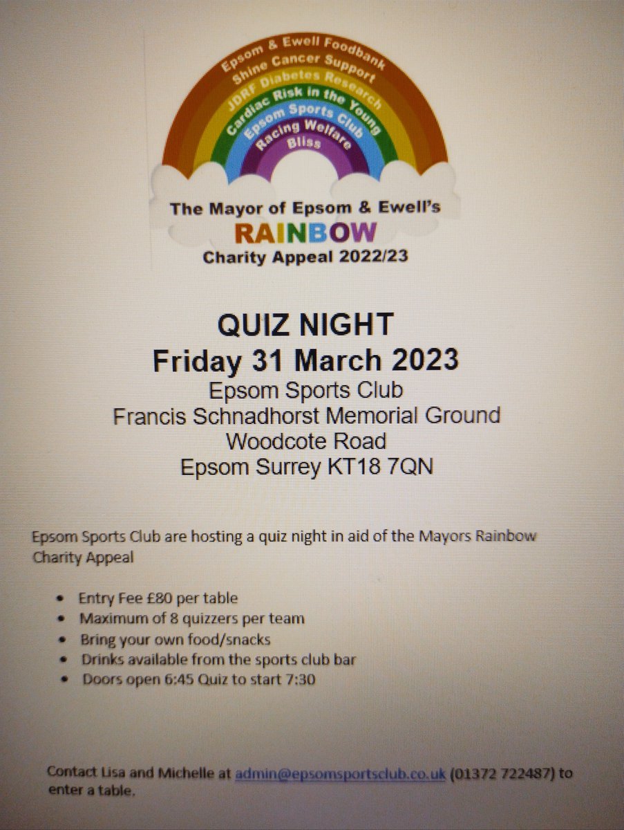 Friday 31st March
Doors Open 6.45pm

Test your quiz brain at Epsom Sports Club who are hosting a quiz night supporting <a href="/EEMayorsCharity/">Epsom & Ewell Mayor's Charities</a> 

To reserve a table contact Lisa and Michelle at admin@epsomsportsclub.co.uk

<a href="/EpsomHockeyClub/">Epsom Hockey Club</a> <a href="/EpsomCricket/">Epsom Cricket Club</a> epsomsportsclub.co.uk