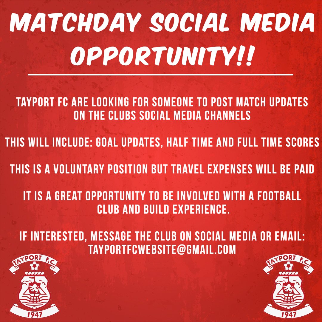 TayportFootball's tweet photo. The media team at Tayport FC is changing and the club is now looking for new people to help with the media side of things. We are looking for someone to post-match updates on the club's social media channels. If interested message the club or email tayportfcwebsite@gmail.com https://t.co/S61uQSCjBu