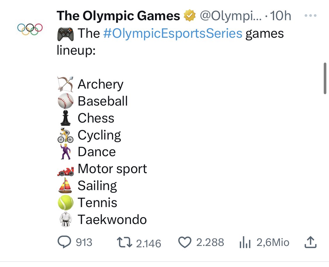 «Eventually, you do plan to have esports on your esports competition, right?» 

#OlympicEsportsSeries