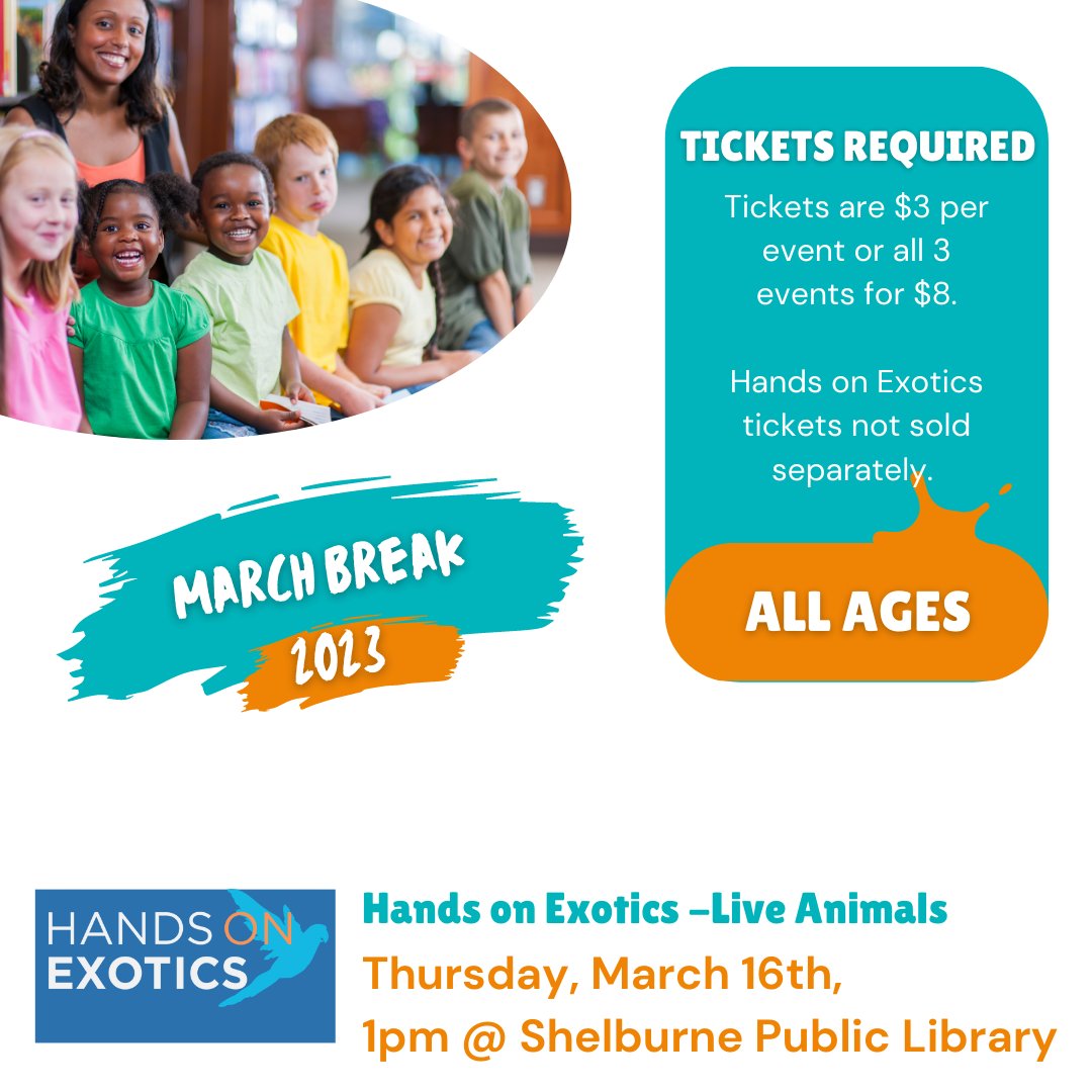 ShelburnePL's tweet photo. Our most popular program of March Break is filling up fast! Hands On Exotics will be here next Thurs., Mar 16th with a variety of animals! *Reminder: tickets to Hands on Exotics are only sold in a bundle with the two other March Break events! https://t.co/w9FR0xltgT