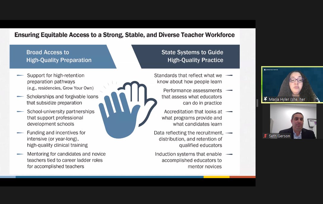 If you're tuning into @LPI_Learning's webinar on #WholeChildPolicy and building adult capacity, you'll get a nice preview of Maria Hyler's insights on building a strong, stable, and diverse educator workforce. So glad to have her join our #NASBELegCon panel on teacher retention!