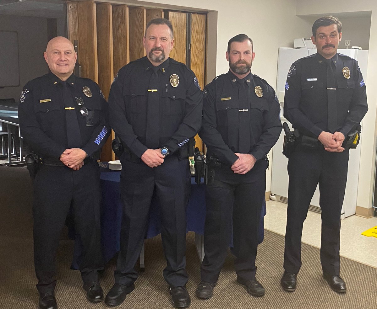 Bremerton Police Department promotes three! Chief Wolfe (left) welcomes (left to right) Lt. Roessel, Sgt. Butler, and Cpl. Derek Ejde to the supervision team.   Congratulations to all!  If you would like to serve our community check us out at joinbrempd.com.