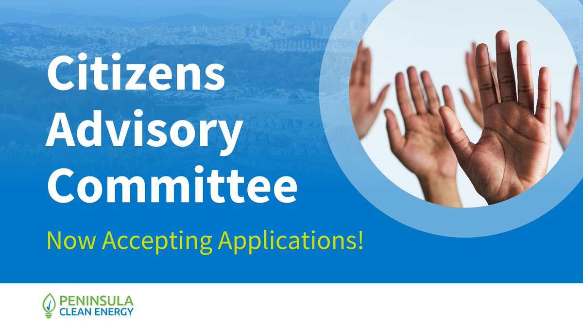 Be a part of bringing the benefits of clean energy to your community! We're recruiting members for our Citizens Advisory Committee. Individuals who live or work in San Mateo County or the City of Los Banos are eligible to apply.

Apply by March 31, 2023.

peninsulacleanenergy.com/citizens-advis…