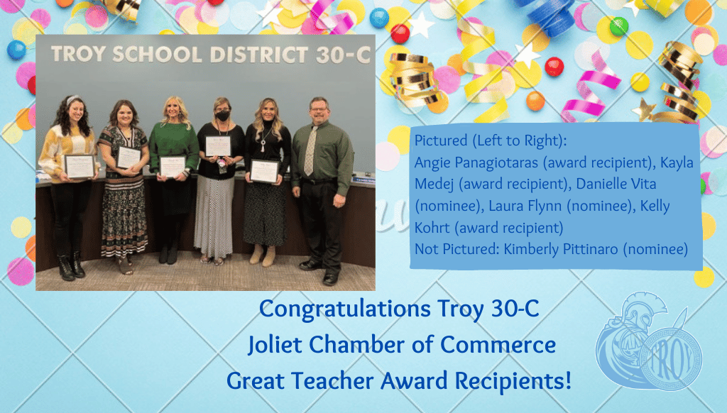 HRTroy30C's tweet photo. Congratulations to our terrific teachers that were Award Recipients and Nominees for this year's Joliet Chamber of Commerce Great Teacher Award. We are so thankful you were chosen and truly show what it means to #BeTroyBlue! https://t.co/1siDI3olOa