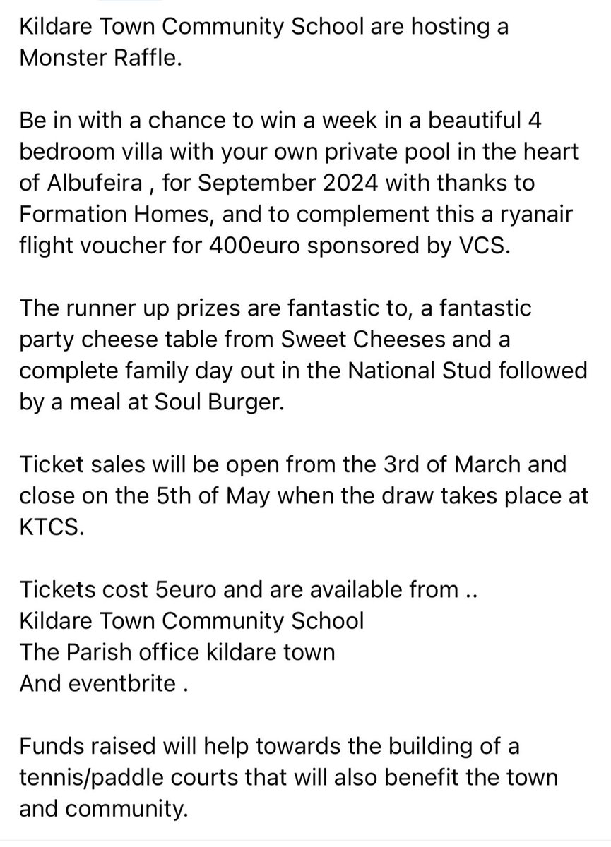 ****MONSTER RAFFLE****
<a href="/KtcsPrincipal/">PrincipalKTCS</a> <a href="/FormationHomes/">Formation Group PLC</a> <a href="/SweetCheeses7/">Sweet Cheeses</a> <a href="/IrishNatStud/">Irish National Stud</a> <a href="/KildareHouseHot/">Kildare House Hotel</a>