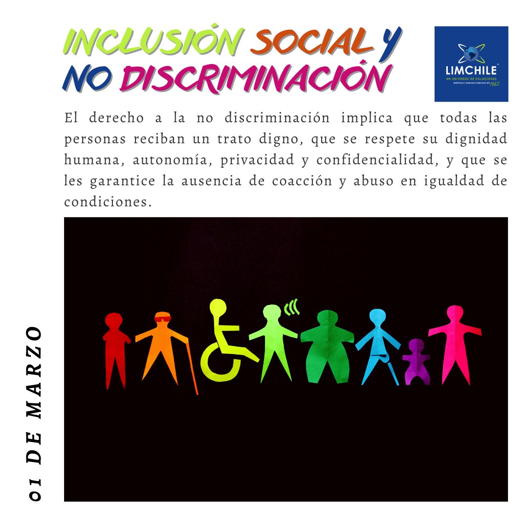 LimChile's tweet photo. Este 1 de marzo 📅 se conmemora el día de la #InclusiónSocialyNoDiscriminación.

En Limchile estamos comprometidos con la inclusión laboral en todos sus sentidos, buscamos que cada colaborador tenga las mismas oportunidades y recursos.🌎

#CeroDiscriminación #Súmate #Limchile https://t.co/fvW6OerR8J