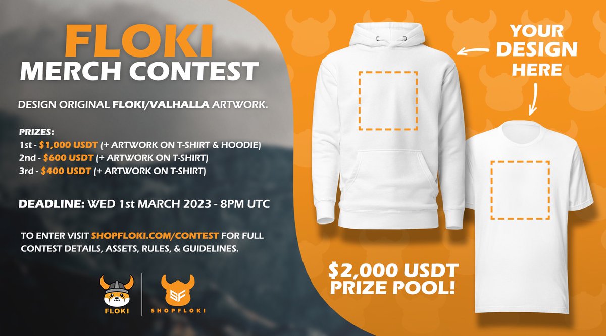 ShopFloki's tweet photo. My fellow #Floki Vikings! The #ShopFlokiContest deadline has arrived as of 8pm UTC today. The review process for #ShopFloki designs will now begin. Stay tuned for updates. We are looking forward to seeing the new designs! @RealFlokiInu https://t.co/GdrWbtdNxO