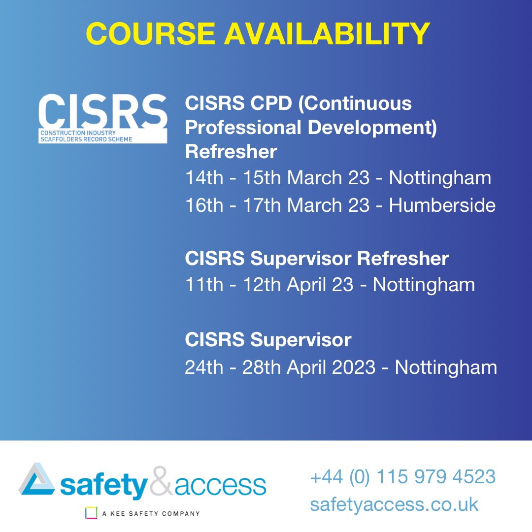 Safetyaccess's tweet photo. 𝗖𝗜𝗦𝗥𝗦 𝗖𝗢𝗨𝗥𝗦𝗘 𝗔𝗩𝗔𝗜𝗟𝗔𝗕𝗜𝗟𝗜𝗧𝗬 

CPD Refresher
14th - 15th Mar Nottingham
16th - 17th Mar Humberside

Supervisor Refresher 
11th - 12th April Nottingham 

Supervisor 
24th - 28th April Nottingham 

https://t.co/FzdbcVsGeE

#cisrs #cisrstraining #scaffold https://t.co/AQ1rv8t7jL