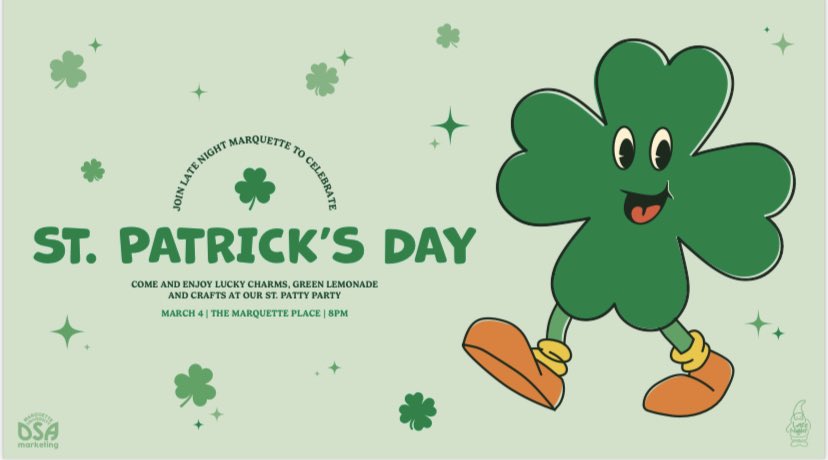 LateNightMU's tweet photo. Happy March🍀!! Come eat lucky charms &amp; drink green lemonade with us while we do crafts!!! This Saturday in the Marquette Place at 8!💚🍀⭐️ https://t.co/w8DewipFB9