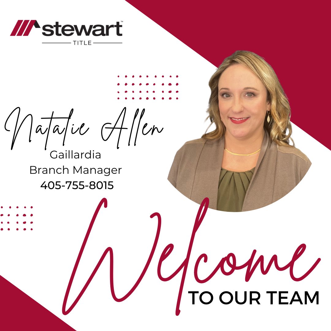 Please help us welcome Natalie Allen to the Stewart Family!  Natalie has joined us as our Gaillardia location's Branch Manager/Escrow Officer. Natalie enjoys spending time with her family, running and listening to live music!  #StewartGaillardia #StewartOklahoma