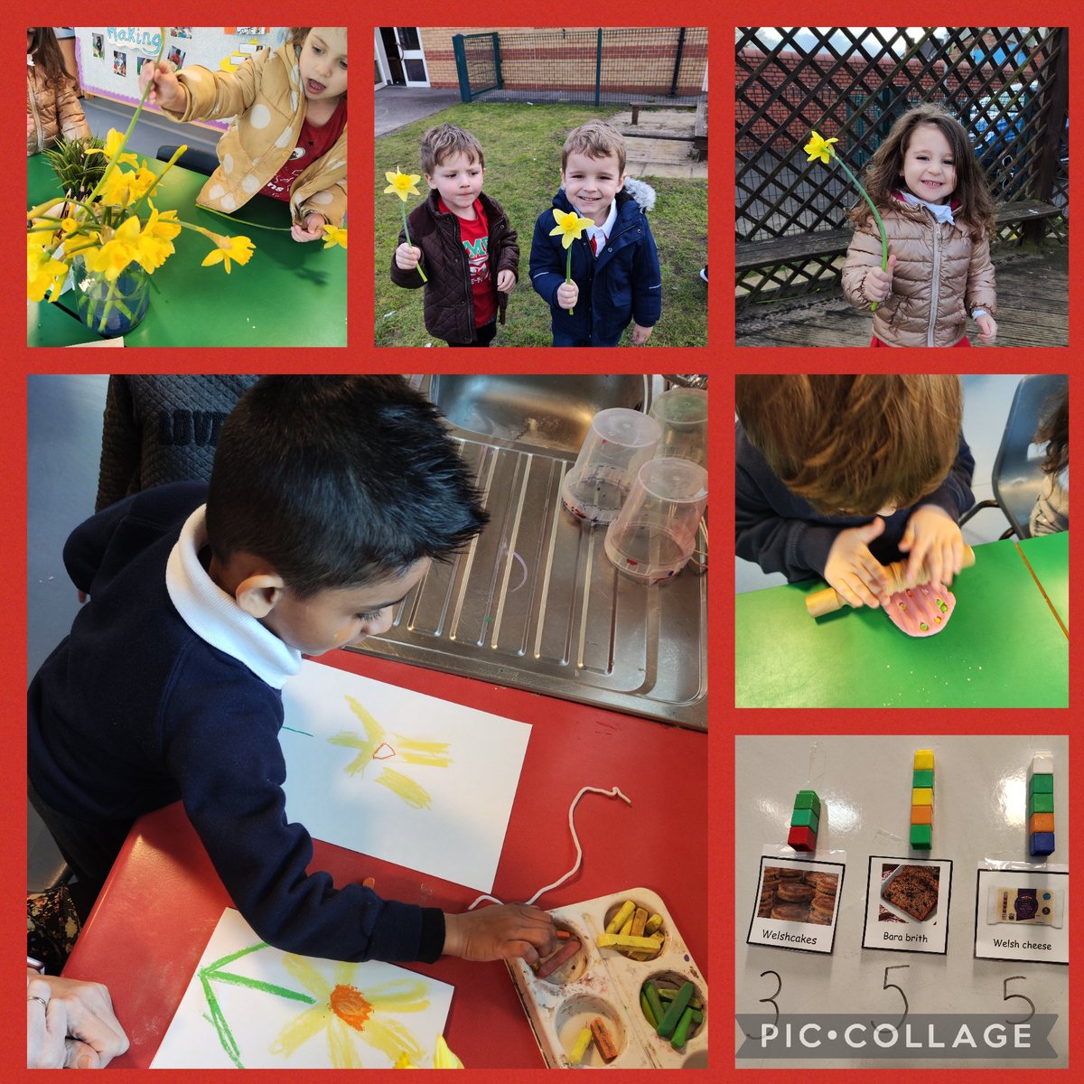 Sandfields_Pri's tweet photo. Dosbarth Aderyn have been learning about Welsh culture this week! They tasted Welsh food & voted on their favourite, made drawings & paintings of daffodils, made Welsh cakes from playdough and today they went on a daffodil hunt outside!
#sfphwb #sfpmn #sfpearts
#StDavidsDay https://t.co/yPXNJMpjZb